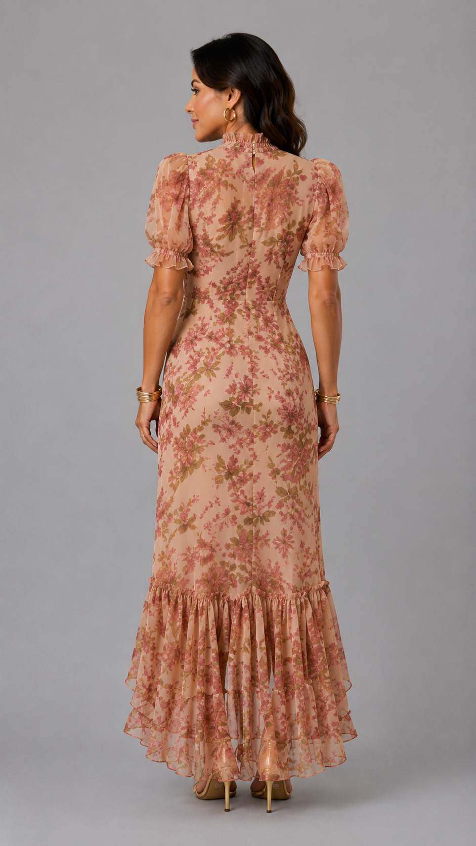 Fiora | Vestido largo romántico con mangas abullonadas y estampado de rosas estilo vintage