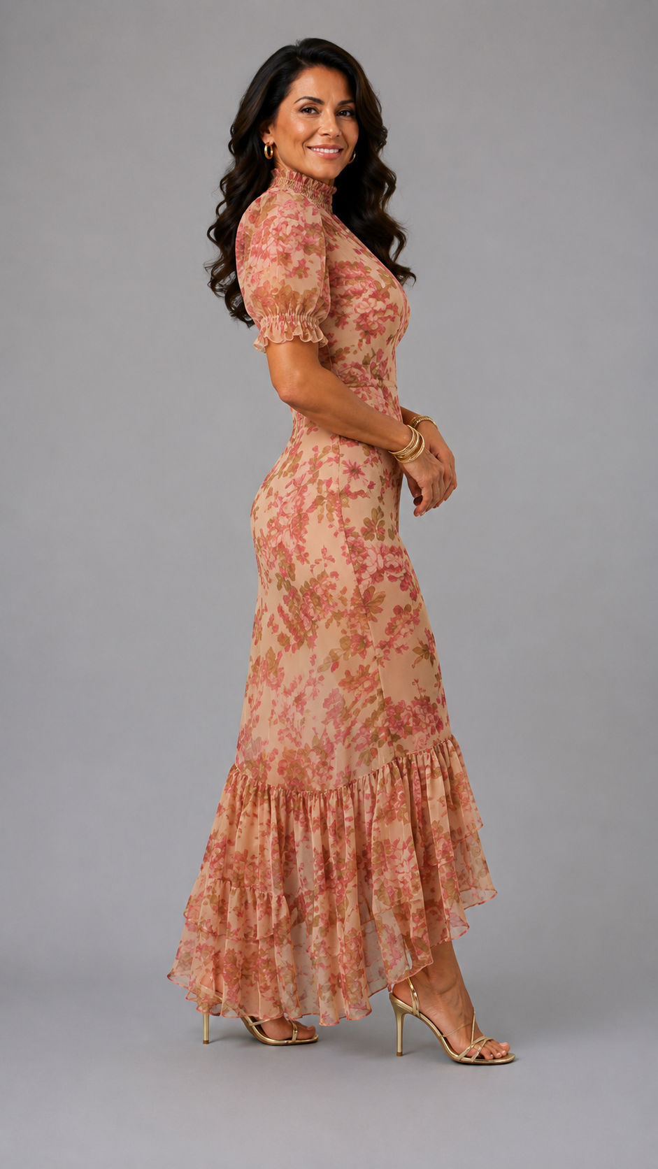 Fiora | Vestido largo romántico con mangas abullonadas y estampado de rosas estilo vintage