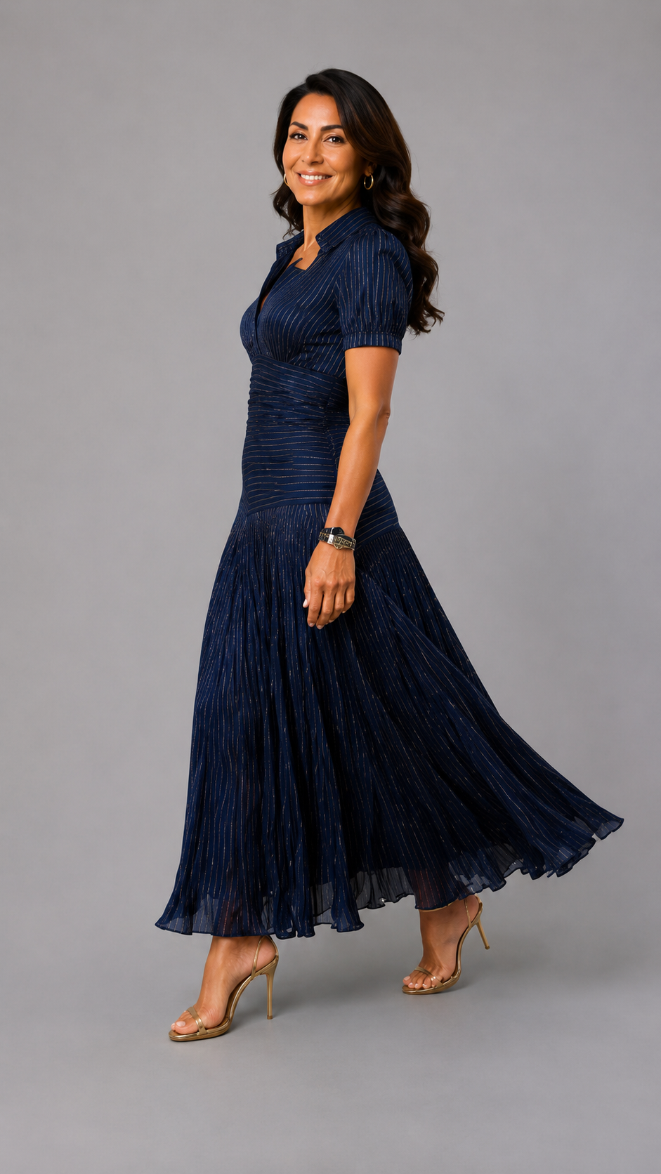 Adriana | Vestido Midi de Satén a Rayas Retro