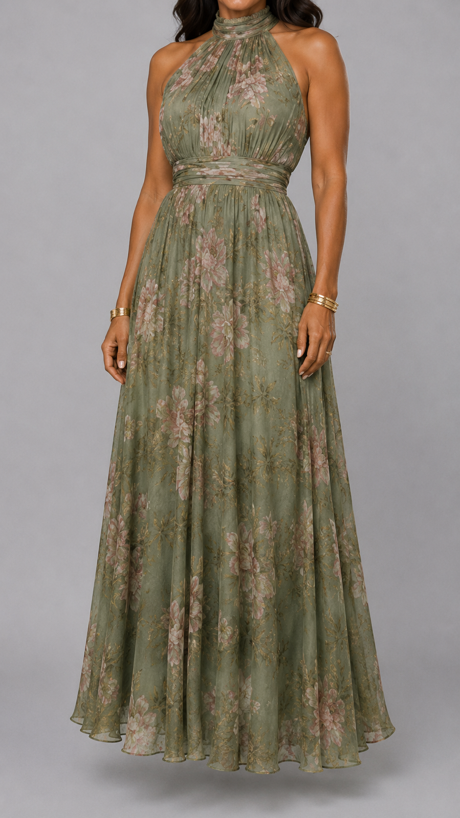 Serena · Vestido largo verde floral de gasa con escote halter