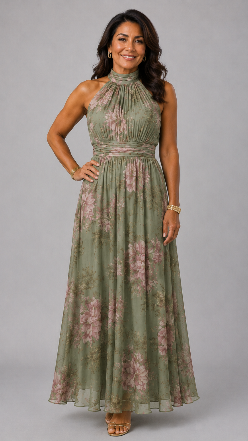 Serena · Vestido largo verde floral de gasa con escote halter