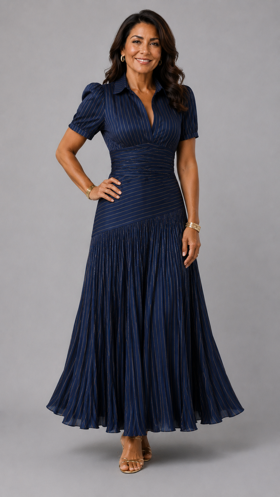 Adriana | Vestido Midi de Satén a Rayas Retro