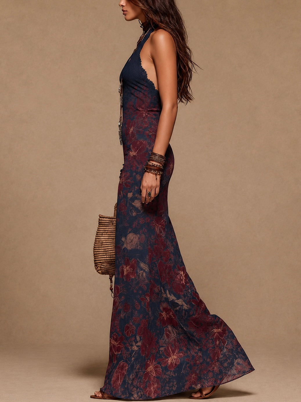 Lía - Vestido largo floral con encaje y silueta sirena