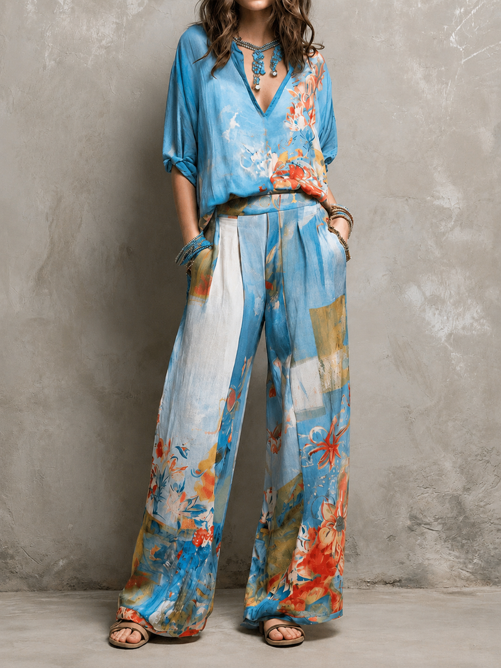 Julia | Conjunto floral de pantalón amplio
