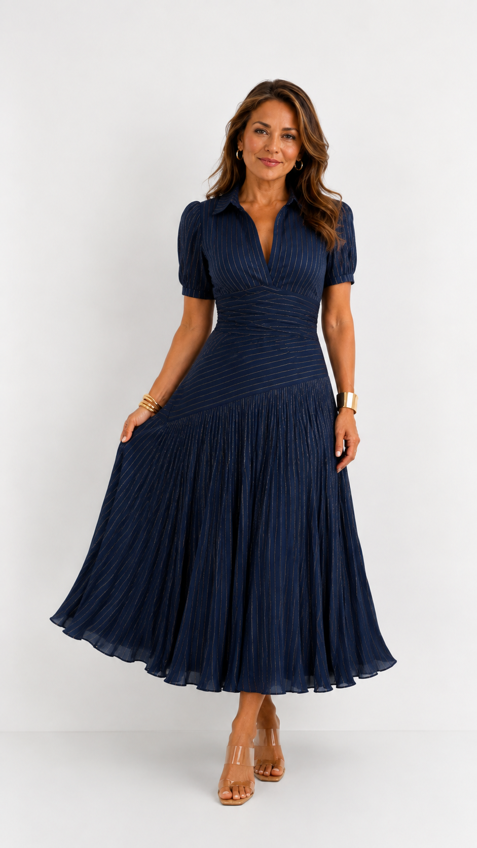 Adriana | Vestido Midi de Satén a Rayas Retro