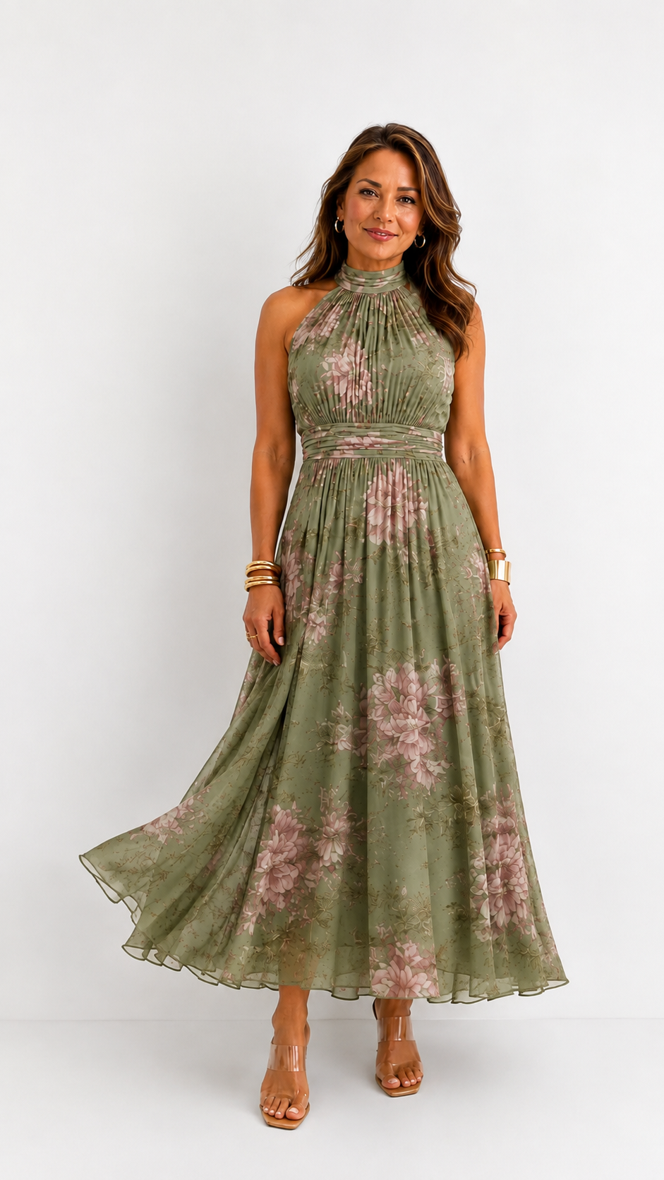 Serena · Vestido largo verde floral de gasa con escote halter