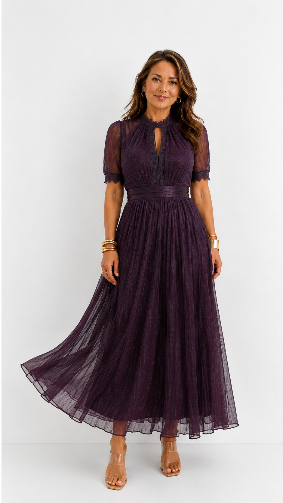 Flavia | Vestido largo color ciruela con escote tipo lágrima y detalles de encaje en chiffon