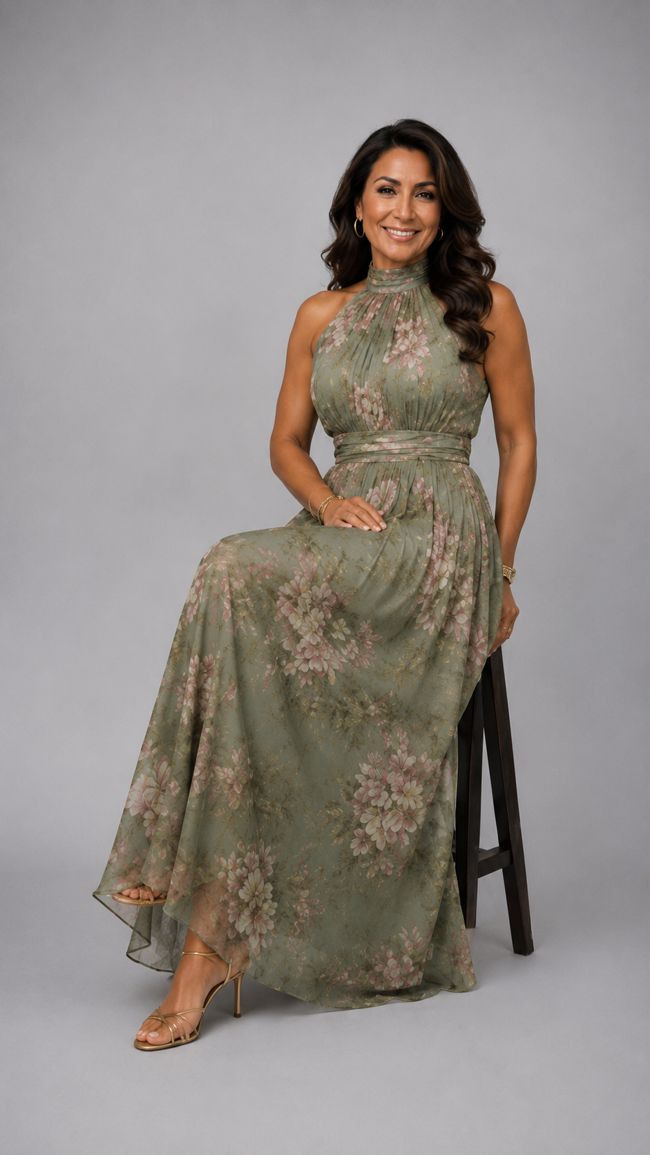 Serena · Vestido largo verde floral de gasa con escote halter