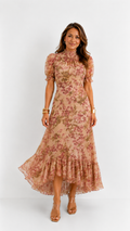 Fiora | Vestido largo romántico con mangas abullonadas y estampado de rosas estilo vintage