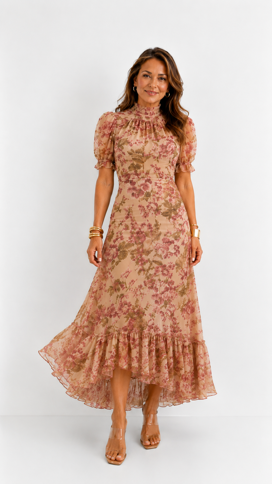 Fiora | Vestido largo romántico con mangas abullonadas y estampado de rosas estilo vintage